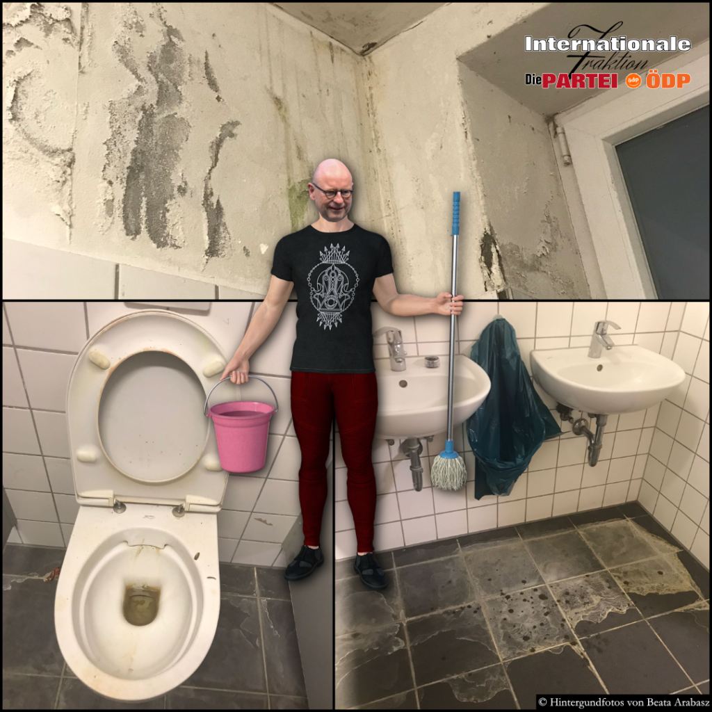 Bilder der verschmutzten Unterkunft. Oberbürgermeister Markus Lewe mit Putzeimer und Wischmopp.